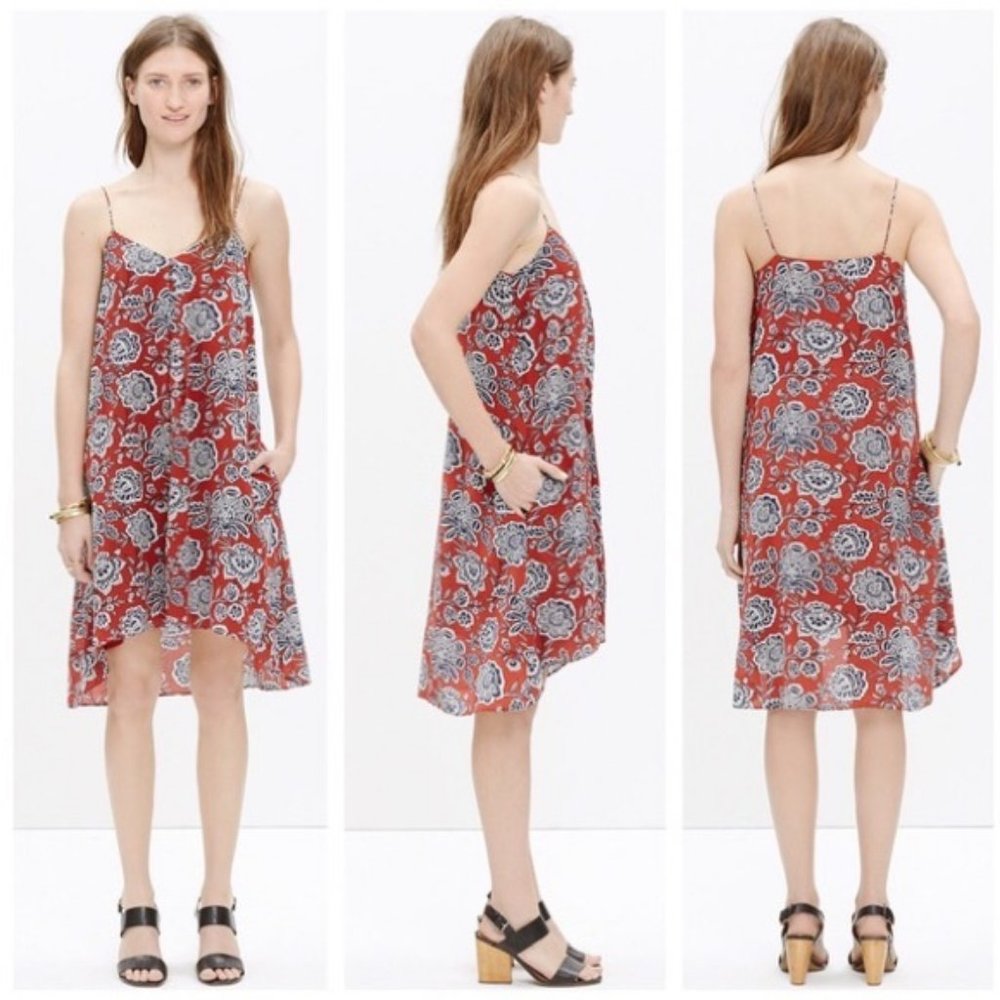Madewell Red & Navy Floral Asymmetrical Silk Dress
